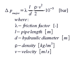 Δp major = λ * ρ * v * v / 100000 / 2 [bar]